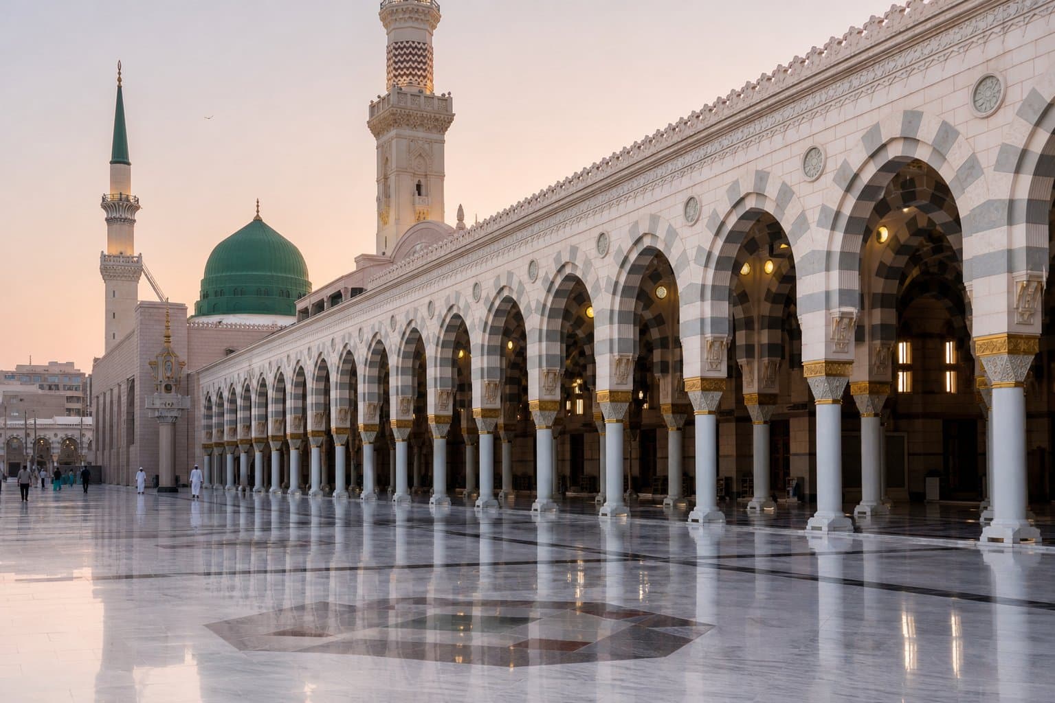 Peaceful courtyard and arches at the Prophet's Mosque in Madinah